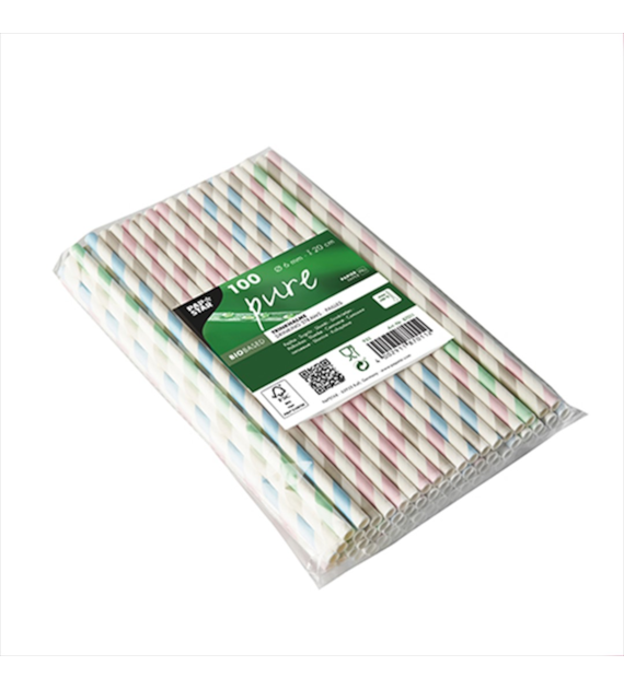 SŁOMKA PAPIEROWA 20cm fi6mm PASKI-MIX KOLOR PASTELOWE (880/10/100)