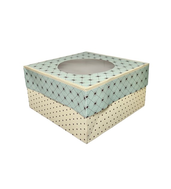 PUDEŁKO DO TORTÓW NADRUK Z OKNEM 26x26x14cm KOMPLET