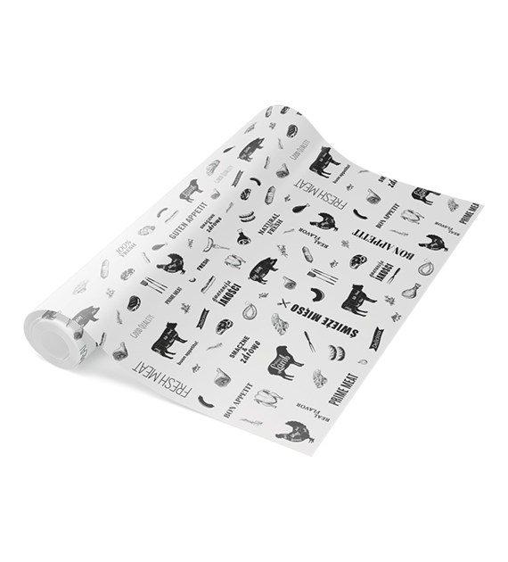 PAPIER PAKOWY BIAŁY NADRUK MIĘSO + PE 35cm ROLKA (10KG)