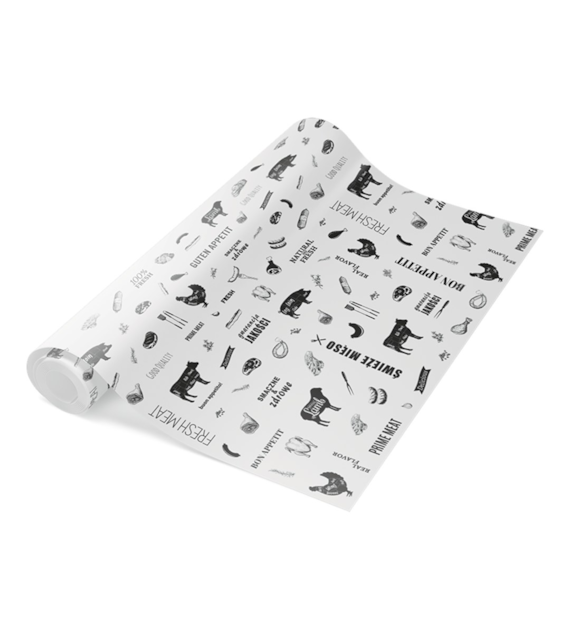 PAPIER PAKOWY BIAŁY NADRUK MIĘSO + PE 35cm ROLKA (10KG)