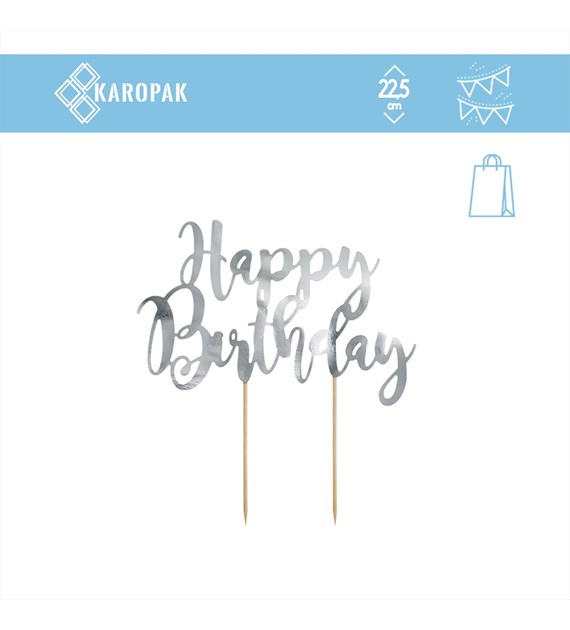 Topper na tort HAPPY BIRTHDAY SREBRNY