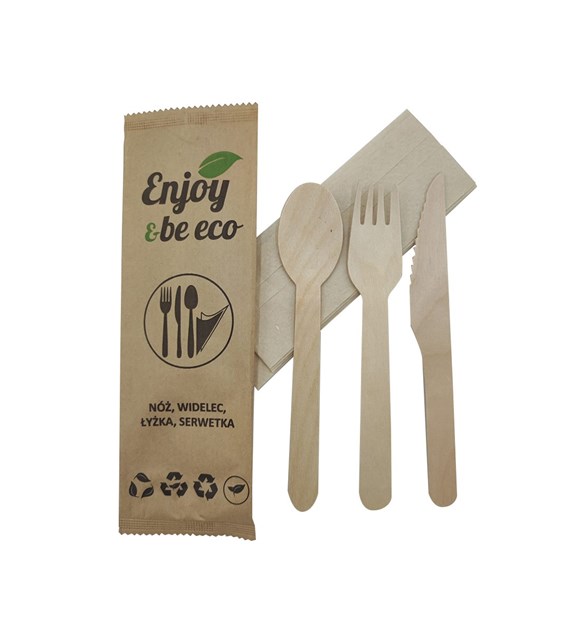 Enjoy&BeEco Konfekcja nóż widelec łyżka drewniana + serwetka (45/1/250)