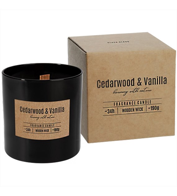 BISPOL Świeca zapachowa w szkle z drewnianym knotem 34h drzewo cedrowe-wanilia (_/6/1)