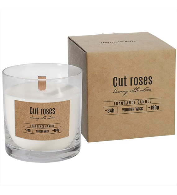 BISPOL Świeca zapachowa w szkle z drewnianym knotem 34h cięte róże (_/6/1)