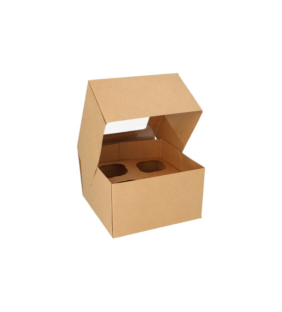 Pudełko zamykane z oknem kraft z wytłoczką na 4 babeczki 17,5x17,5x10cm (_/4x25/1)