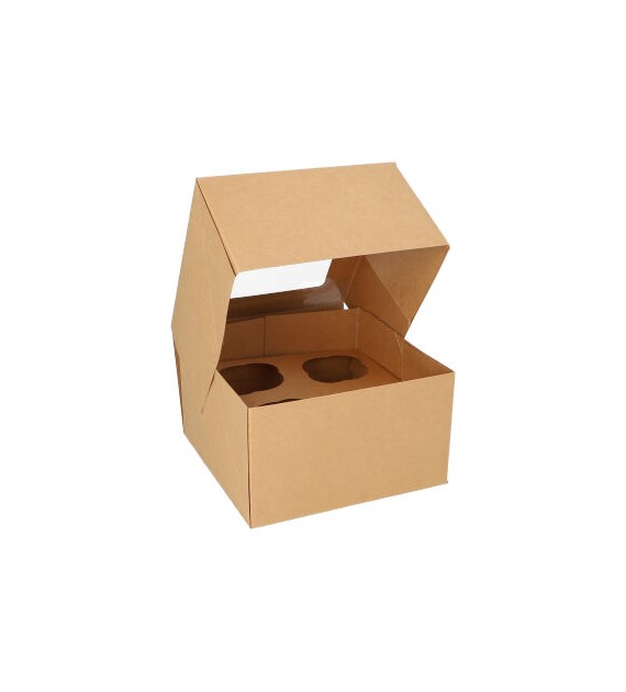 Pudełko zamykane z oknem kraft z wytłoczką na 4 babeczki 17,5x17,5x10cm (_/4x25/1)