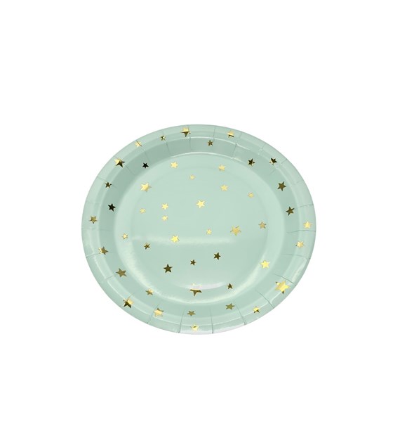 PP Talerz papierowy 9cali miętowy złote gwiazdki (6szt)